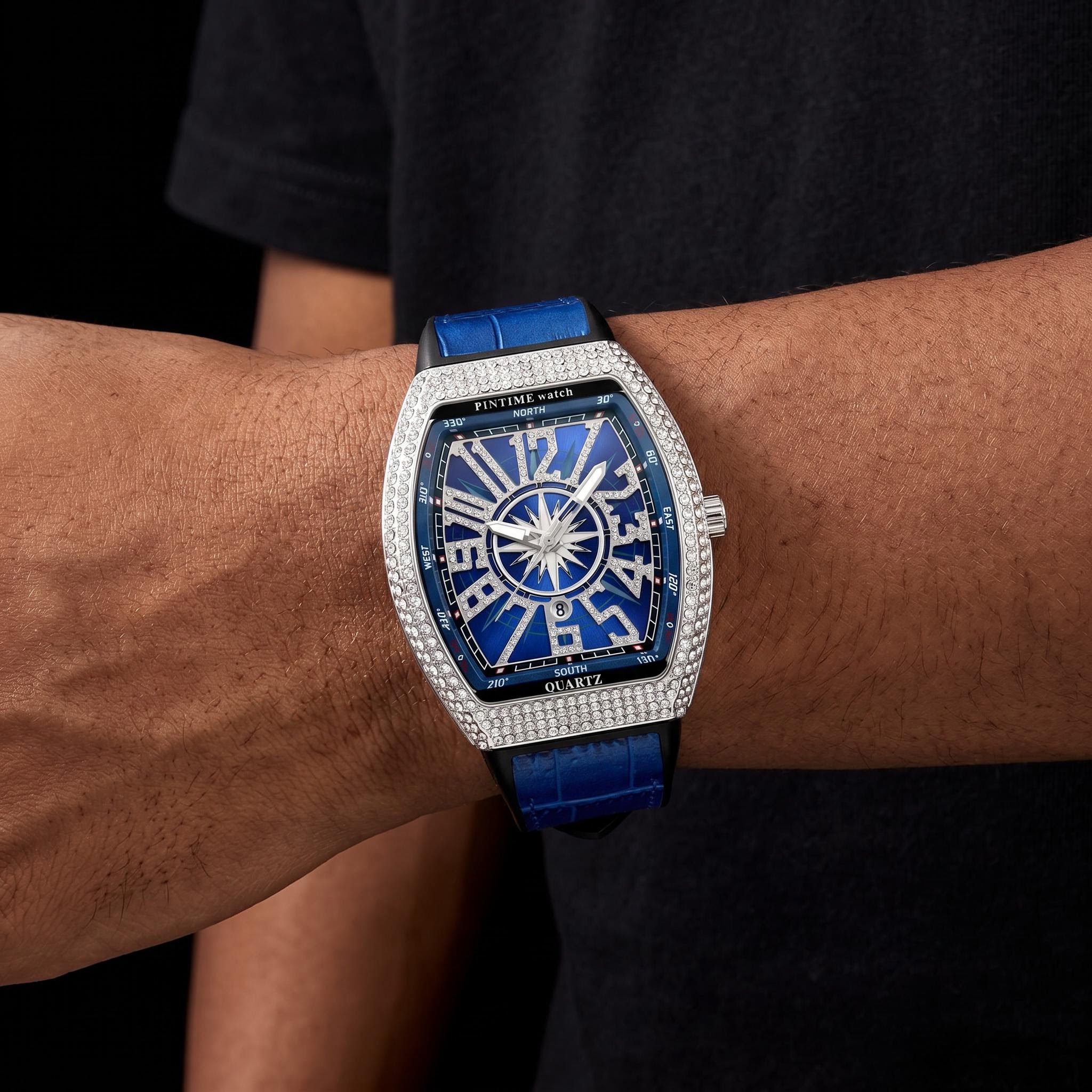 Men's Iced Arabic Numerals Watch with Blue Strap