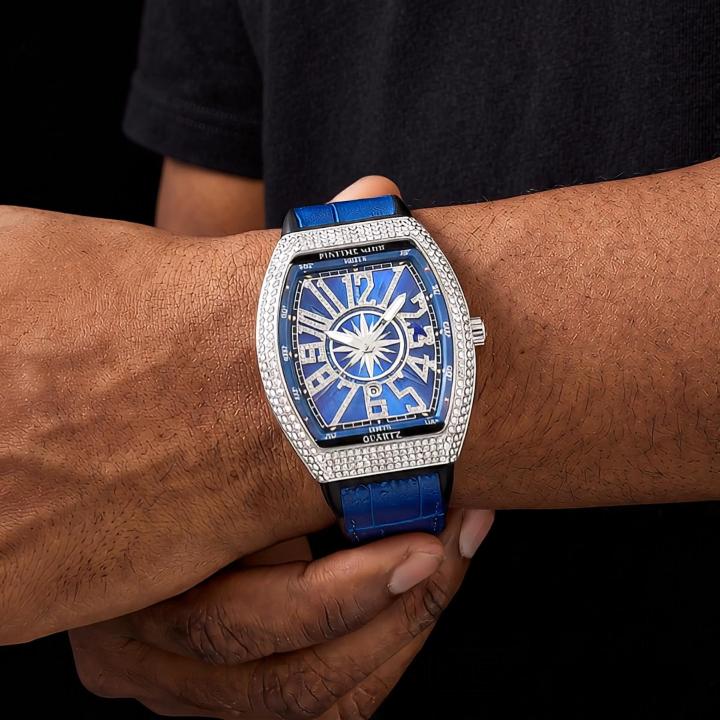 Men's Iced Arabic Numerals Watch with Blue Strap