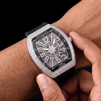 Men's Iced Arabic Numerals Watch with Black Strap