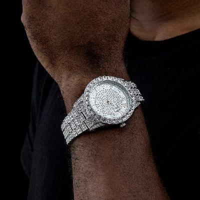 Iced Roman Numerals Men's Watch in White Gold