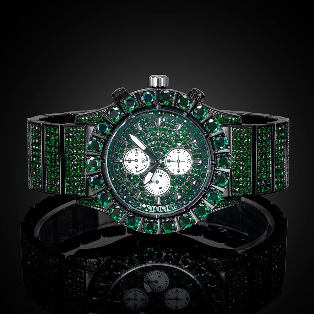  Iced Emerald Round Cut Luminous Men's Watch in Black Gold