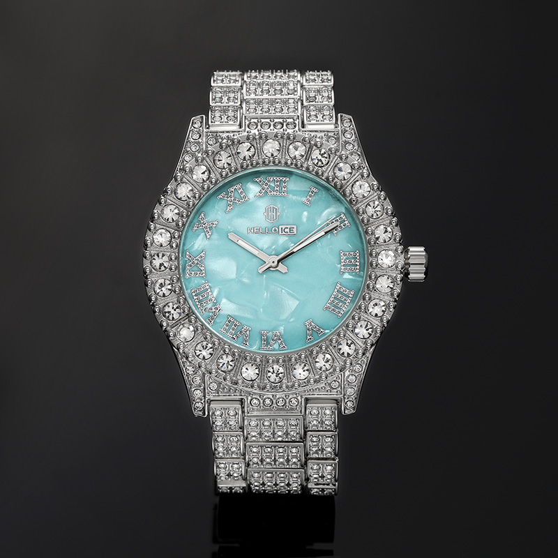 Iced Roman Numerals Pool Blue Dial Men's Watch in White Gold