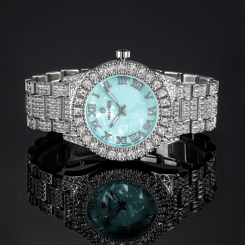 Iced Roman Numerals Pool Blue Dial Men's Watch in White Gold