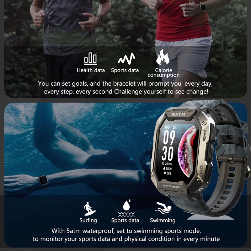  Bluetooth 5ATM Waterproof Outdoor Sports Fitness Tracker Health Monitor Smart Watch for Android IOS