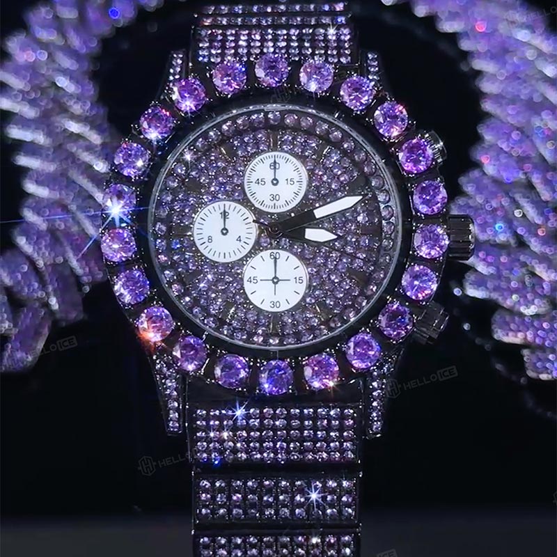 Iced Purple Round Cut Luminous Men's Watch in Black Gold