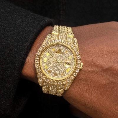  Iced Roman Numerals Round Cut Men's Watch in Gold