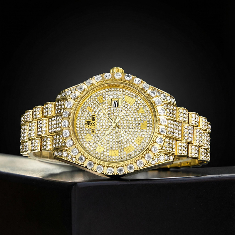 Iced Roman Numerals Round Cut Men's Watch in Gold Iced Roman Numerals Round Cut Men's Watch in Gold