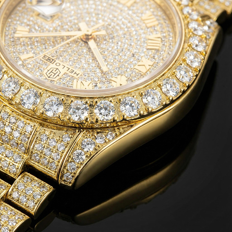 Iced Roman Numerals Round Cut Men's Watch in Gold Iced Roman Numerals Round Cut Men's Watch in Gold