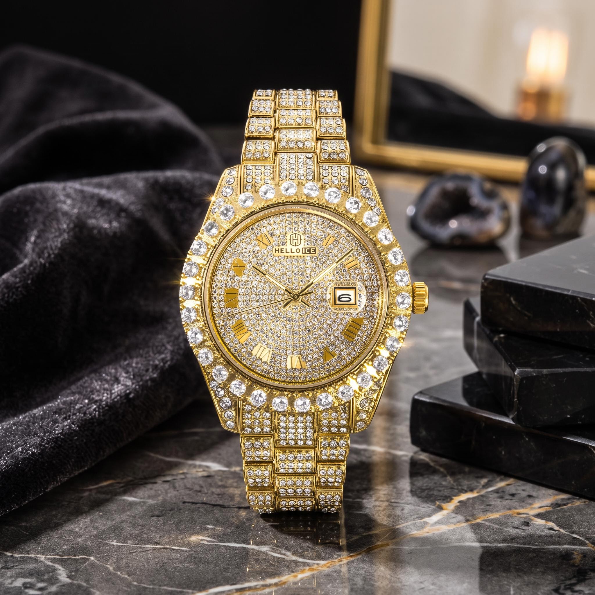 Iced Roman Numerals Round Cut Men's Watch in Gold Iced Roman Numerals Round Cut Men's Watch in Gold