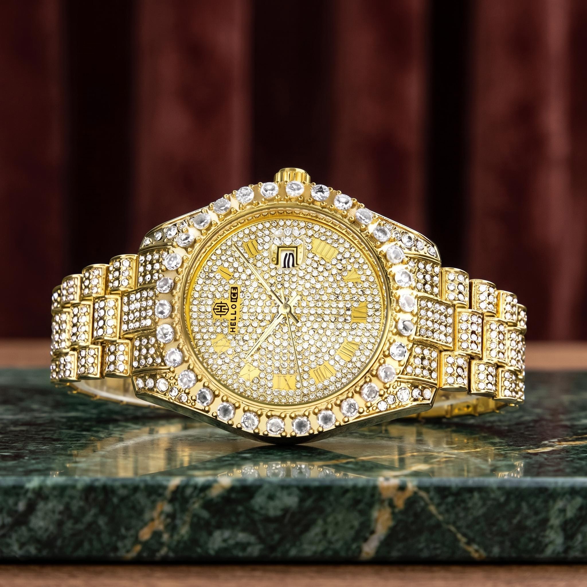 Iced Roman Numerals Round Cut Men's Watch in Gold Iced Roman Numerals Round Cut Men's Watch in Gold