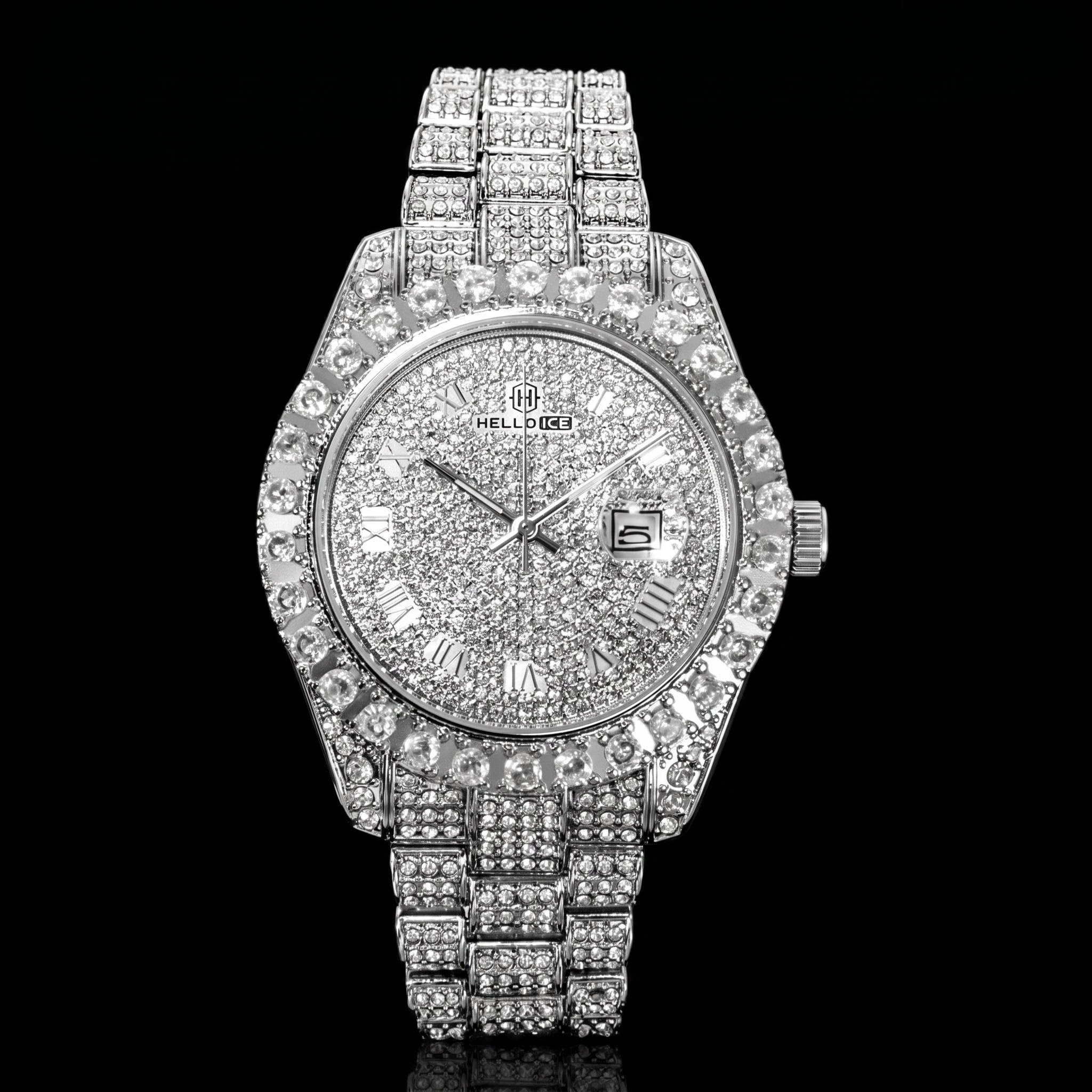  Iced Roman Numerals Round Cut Men's Watch in White Gold