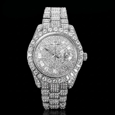  Iced Roman Numerals Round Cut Men's Watch in White Gold