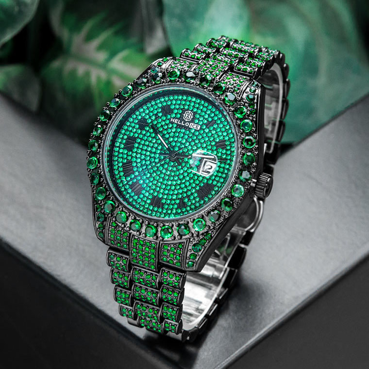  Iced Emerald Roman Numerals Round Cut Men's Watch in Black Gold