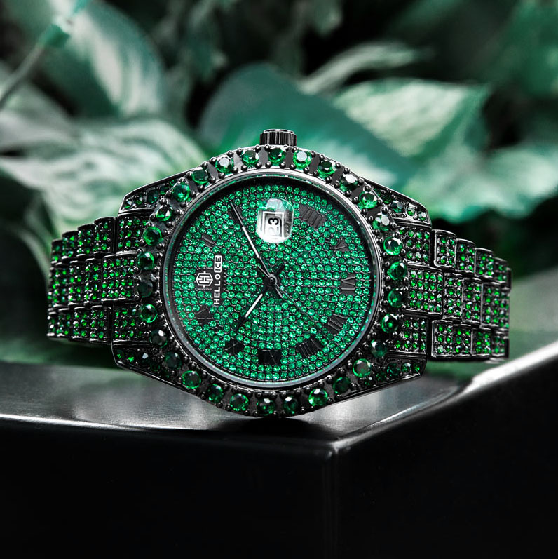  Iced Emerald Roman Numerals Round Cut Men's Watch in Black Gold