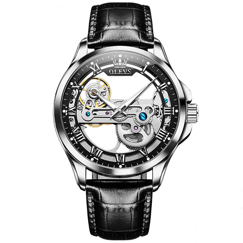 Skeleton Automatic Mechanical Waterproof Watch with Leather Strap