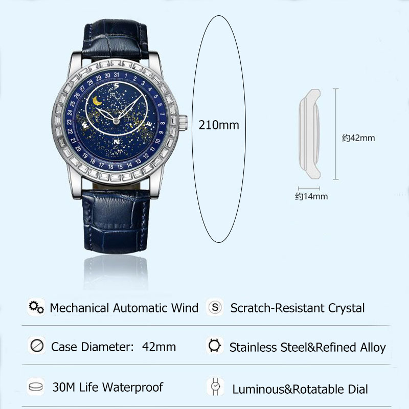 Baguette Cut Automatic Mechanical Watch with Leather Strap