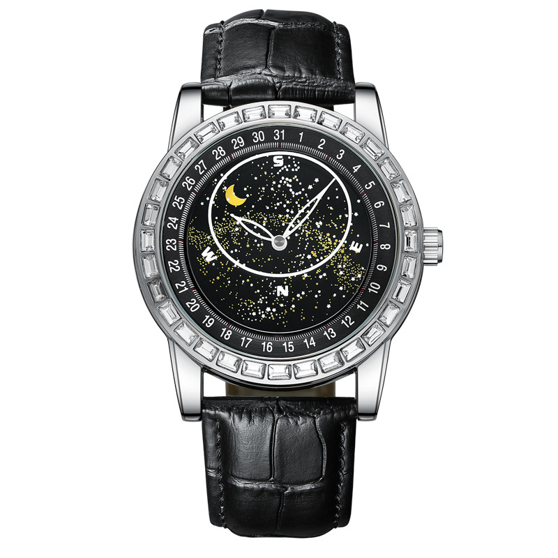 Baguette Cut Automatic Mechanical Watch with Leather Strap