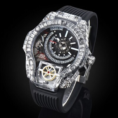 Baguette Cut Men's Watch with Black Silicone Strap