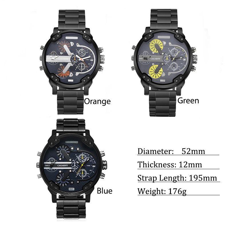 52mm Stainless Steel Quartz Men's Watch in Black Gold