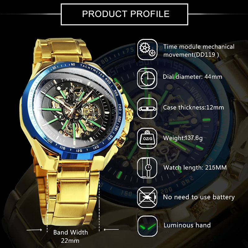 Luminous Skeleton Automatic Waterproof Mechanical Watch in Gold