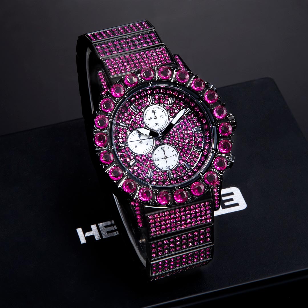  Iced Ruby Round Cut Luminous Men's Watch in Black Gold