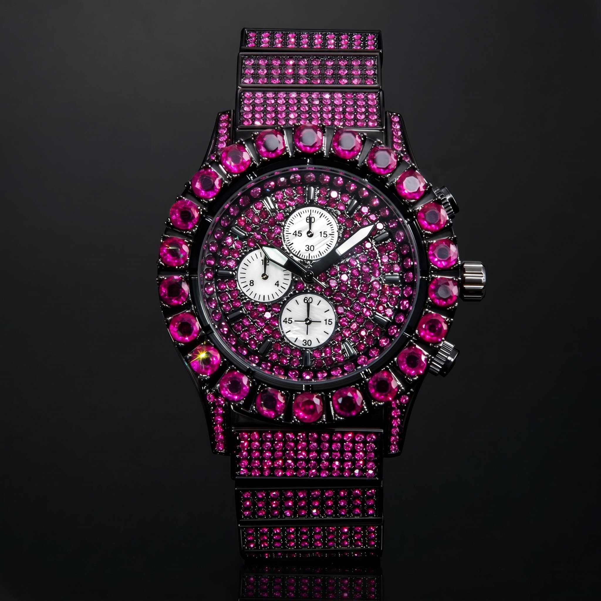  Iced Ruby Round Cut Luminous Men's Watch in Black Gold
