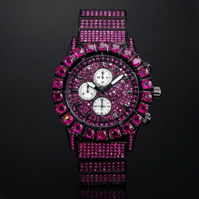  Iced Ruby Round Cut Luminous Men's Watch in Black Gold