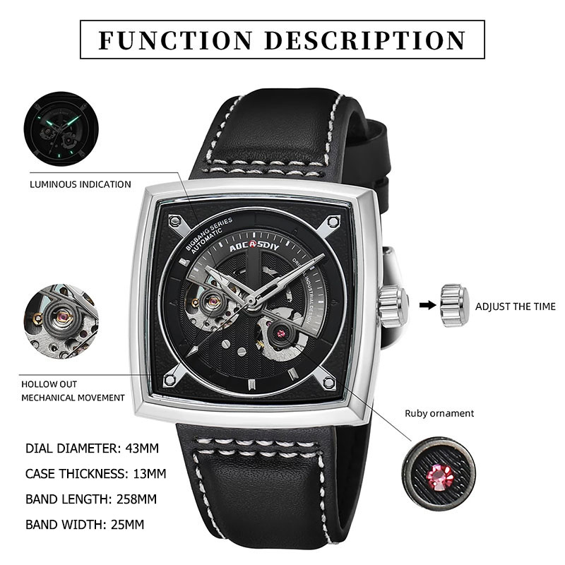  Square Automatic Mechanical Waterproof Watch with Leather Strap