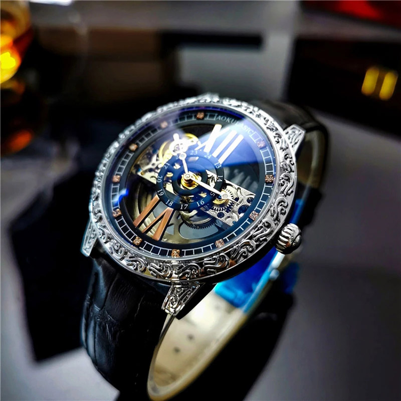 Automatic Winding Waterproof Mechanical Men's Watch with Leather Strap