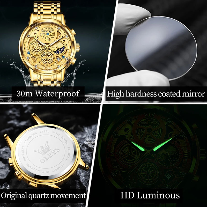 Multi-function Waterproof Luminous Skeleton Quartz Stainless Steel Watch for Men