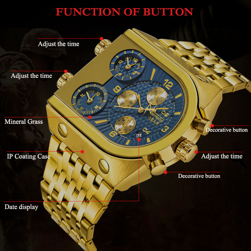 49mm Military Waterproof Quartz Watch in Gold - Helloice Jewelry