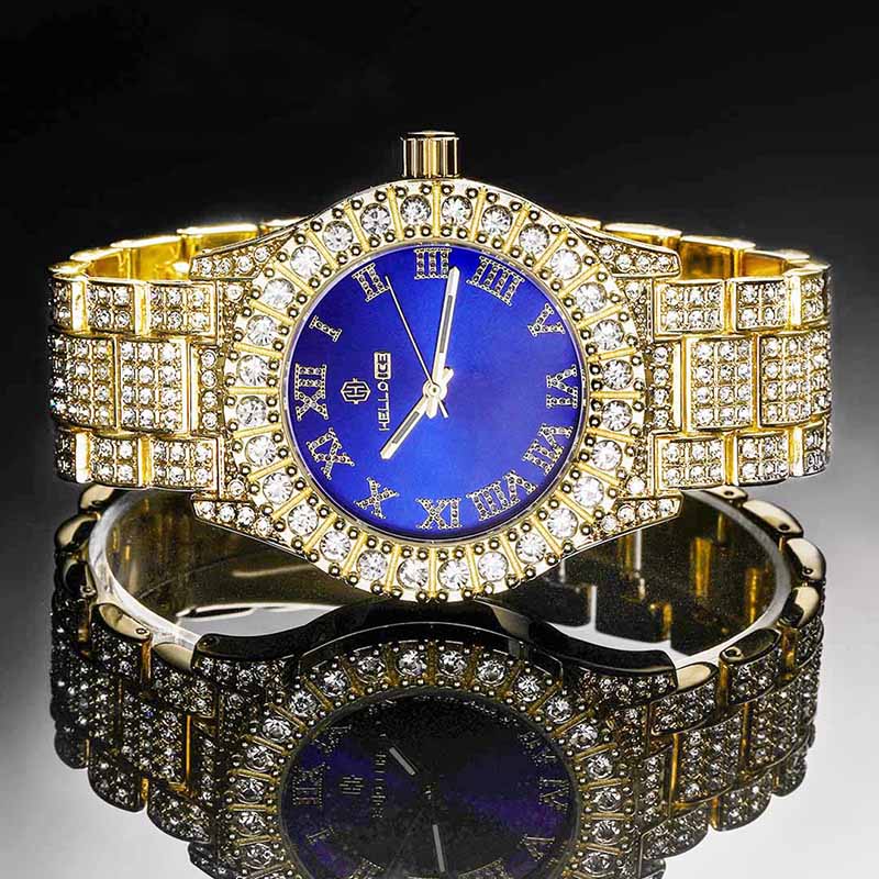  Iced Roman Numerals Blue Dial Men's Watch in Gold