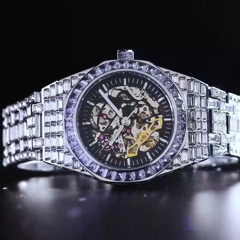 Iced Men's Mechanical Watch with Baguette Stones in White Gold