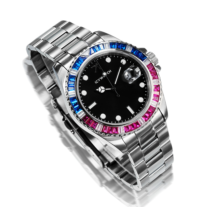 40mm Iced Watch with Black Luminous Dial in White Gold