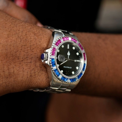 40mm Iced Watch with Black Luminous Dial in White Gold