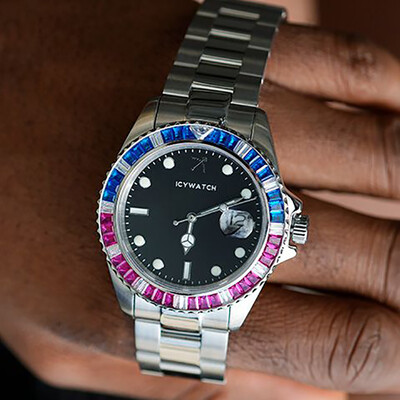 40mm Iced Watch with Black Luminous Dial in White Gold