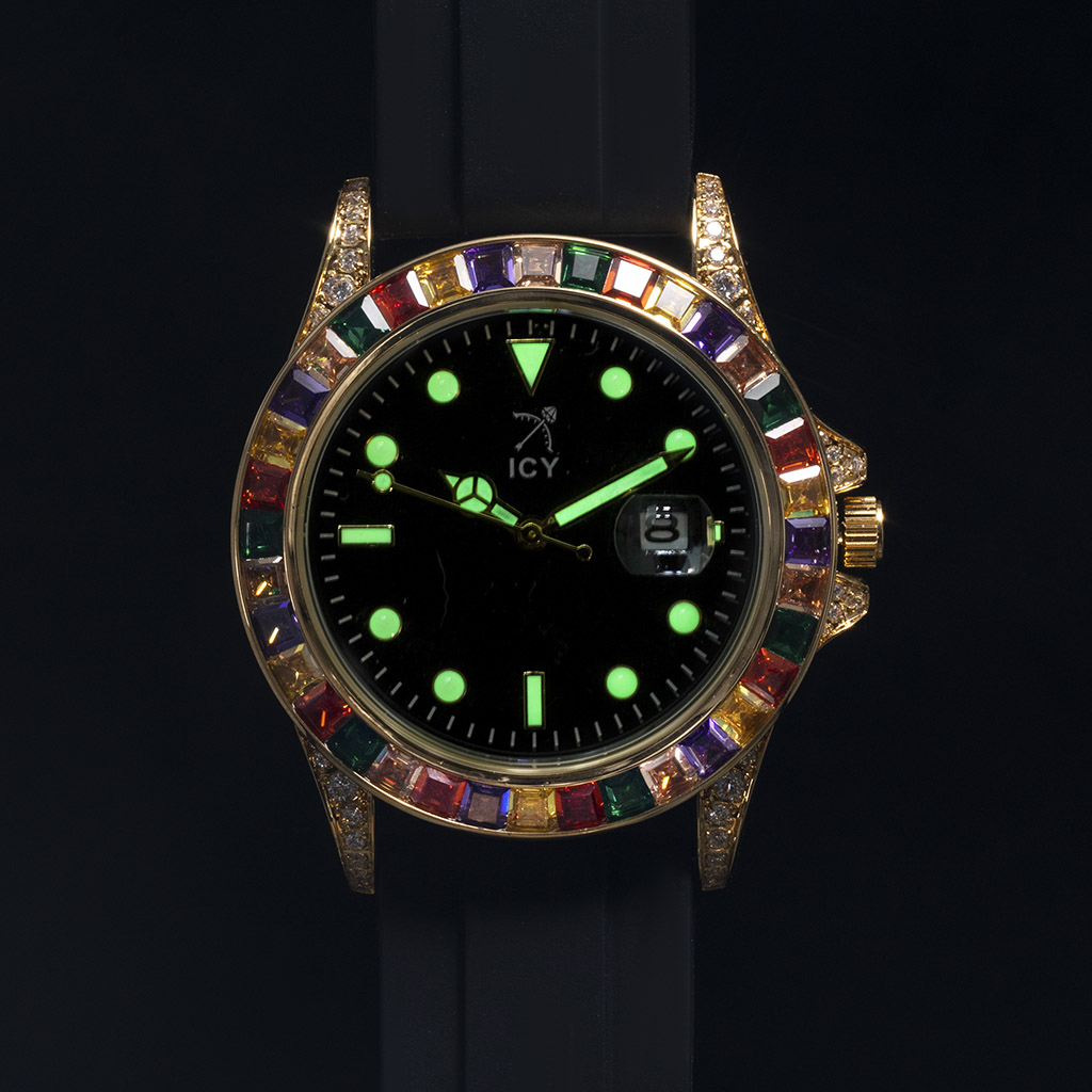 40mm Rainbow Rose Gold Luminous Watch with Black Silicone Strap