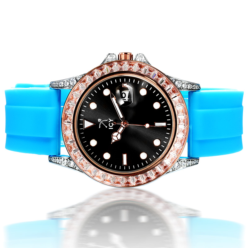 40mm Black Luminous Dial Rose Gold Watch with Blue Silicone Strap