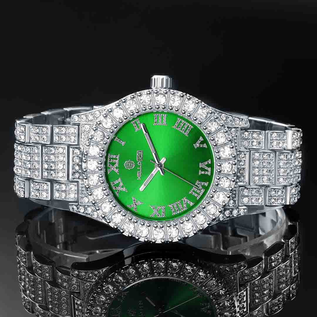  Iced Roman Numerals Green Dial Men's Watch in White Gold