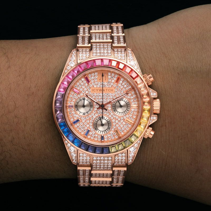 Luxury Handcrafted Rainbow Stainless Steel Watch in Rose Gold