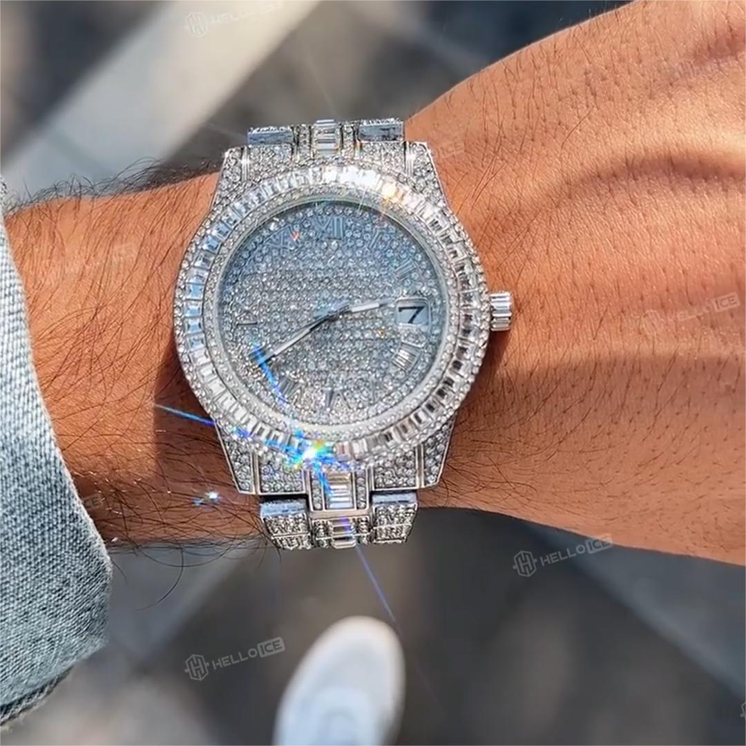 Iced Baguette Cut Roman Numerals Men's Watch in White Gold
