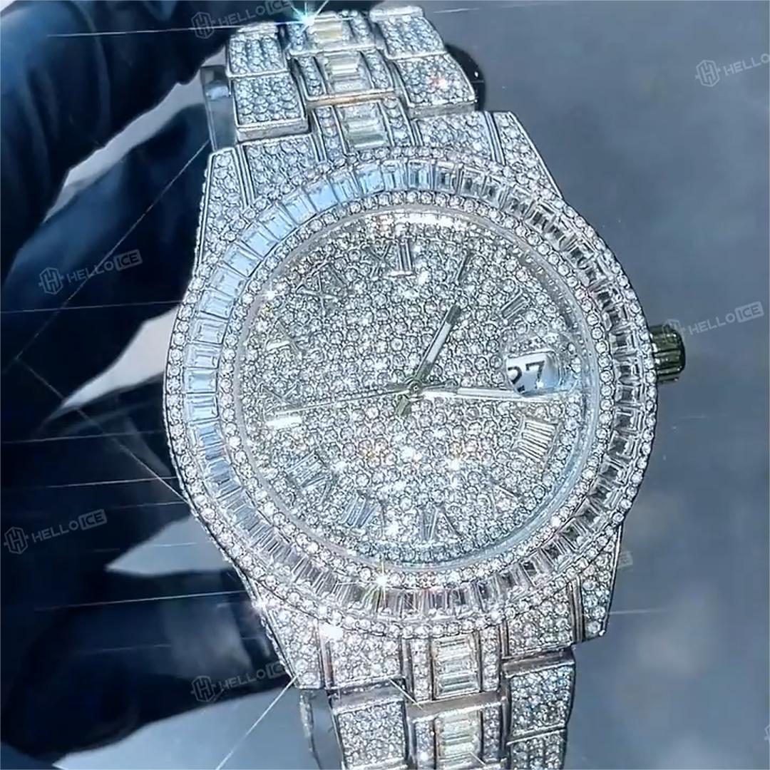 Iced Baguette Cut Roman Numerals Men's Watch in White Gold