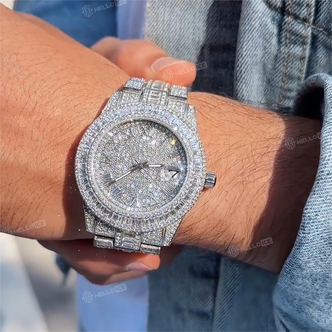 Iced Baguette Cut Roman Numerals Men's Watch in White Gold