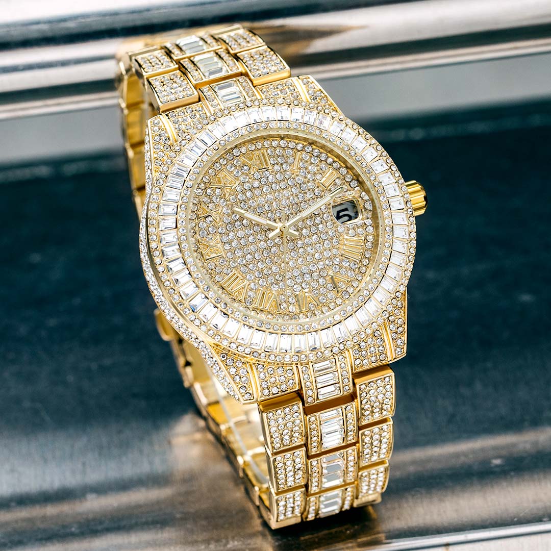 Iced Baguette Cut Roman Numerals Men's Watch in Gold