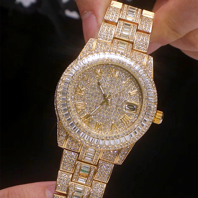Iced Baguette Cut Roman Numerals Men's Watch in Gold
