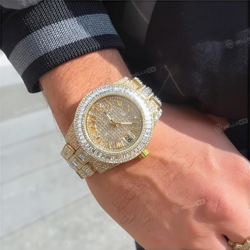 Iced Baguette Cut Roman Numerals Men's Watch in Gold