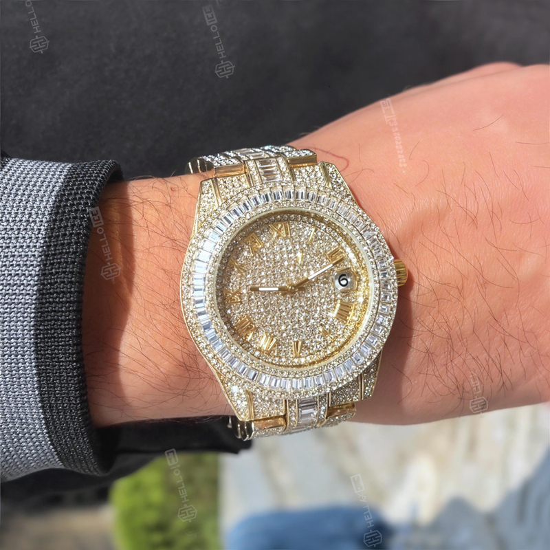 Iced Baguette Cut Roman Numerals Men's Watch in Gold