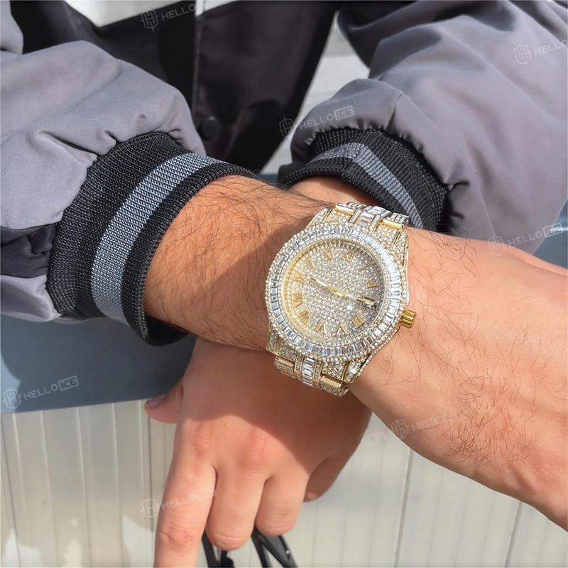 Iced Baguette Cut Roman Numerals Men's Watch in Gold