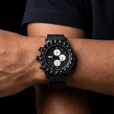 Iced Round Cut Luminous Men's Watch in Black Gold