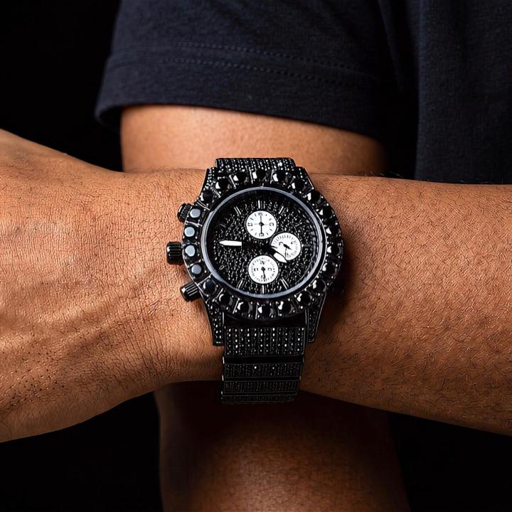 Iced Round Cut Luminous Men's Watch in Black Gold
